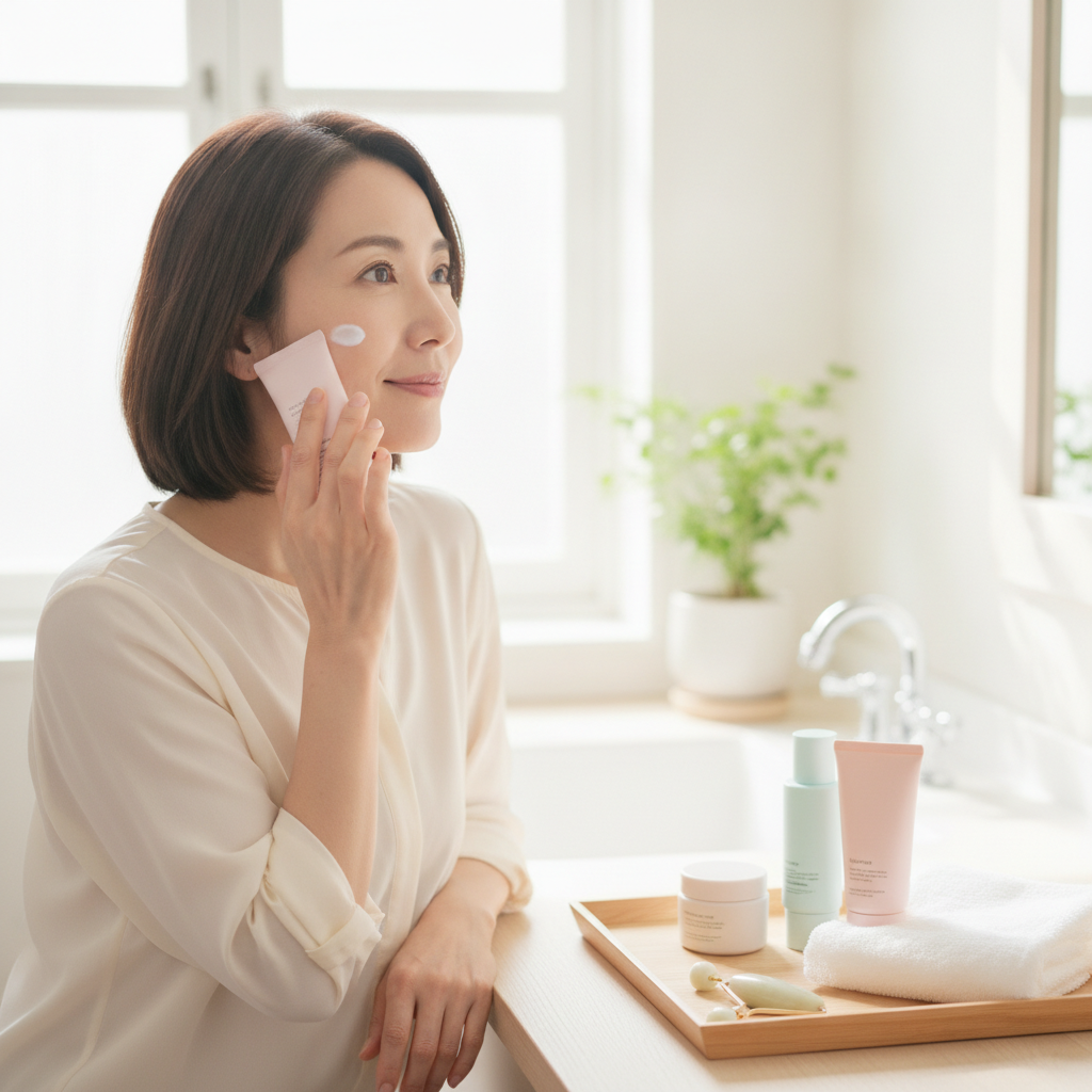 40代の乾燥肌ケアをイメージしたスキンケア画像